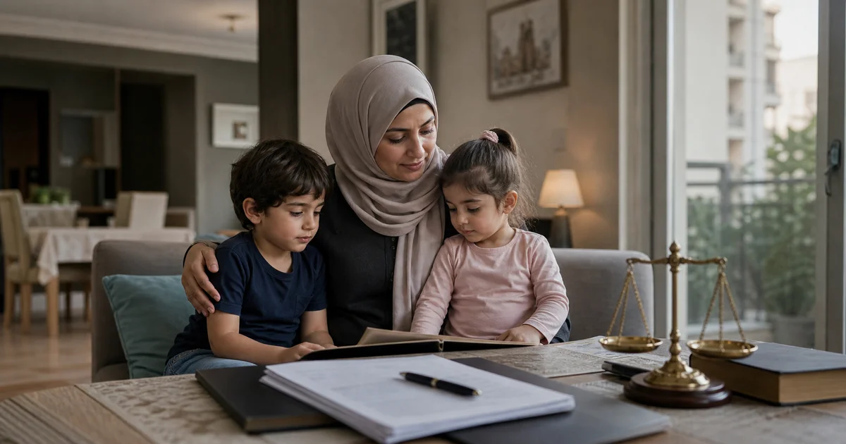 أم تحتضن طفلين داخل مسكن هادئ مع مستندات قانونية وميزان عدالة يرمز إلى حق أجر مسكن الحضانة في القانون المصري.