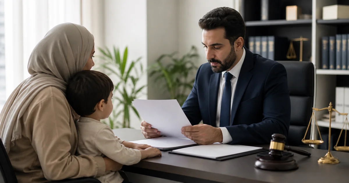 محامٍ يراجع مستندات قانونية مع أم وطفل داخل مكتب قانوني لشرح إجراءات إثبات النسب في الزواج العرفي.