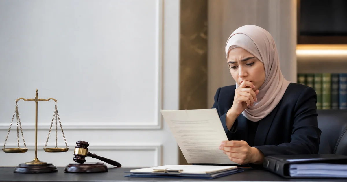 سيدة محجبة تقرأ مستندًا قانونيًا داخل مكتب محاماة في مشهد يعبر عن الاعتراض على إنذار الطاعة في قضايا الأحوال الشخصية.