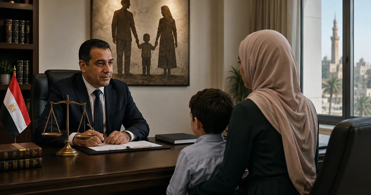 محامي أحوال شخصية يشرح للأم والطفل إجراءات ضم الصغير في القانون المصري داخل مكتب قانوني.