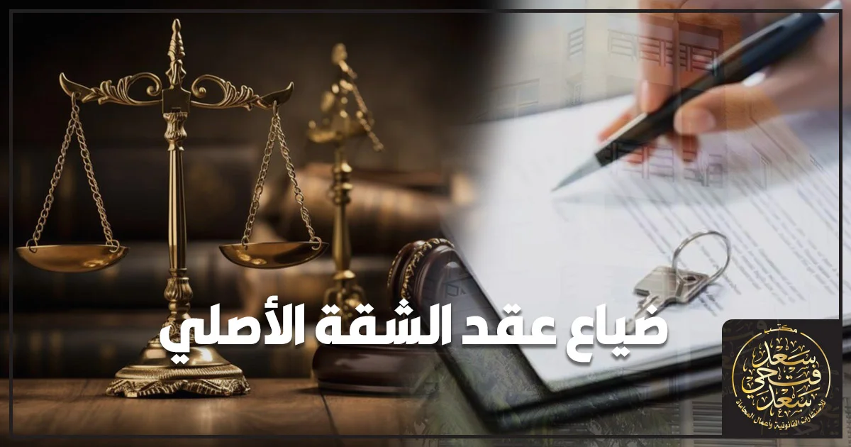 ضياع عقد الشقة الأصلي مع مستندات قانونية وميزان عدالة ومطرقة محكمة داخل مكتب محاماة يوضح خطوات إثبات الحق في الشقة قانونيًا.