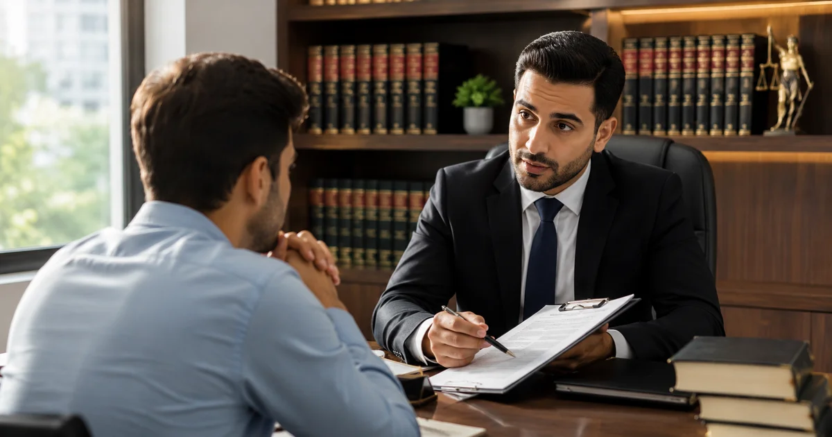 محامٍ يشرح لمشتري شقة الإجراءات القانونية بعد ضياع عقد الشقة الأصلي داخل مكتب قانوني لحماية الحق في الملكية وإثبات البيع.