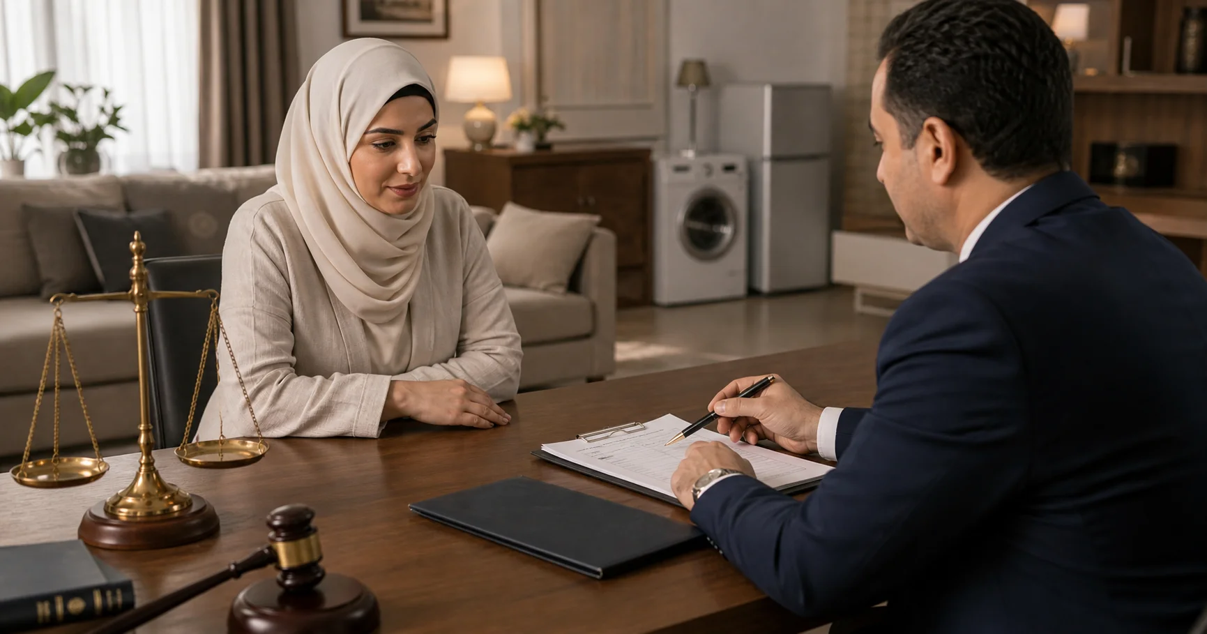 استشارة قانونية حول قائمة المنقولات الزوجية بين محامٍ وسيدة داخل مكتب قانوني.