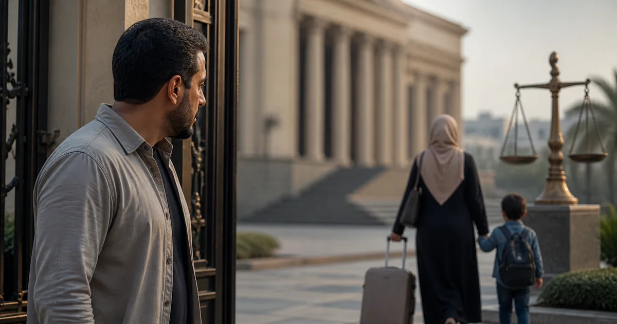 أب يتابع نقل الصغير دون موافقة الأب بينما تغادر الأم مع الطفل أمام مبنى قضائي في مشهد يعبر عن نزاع حضانة ورؤية في القانون المصري.