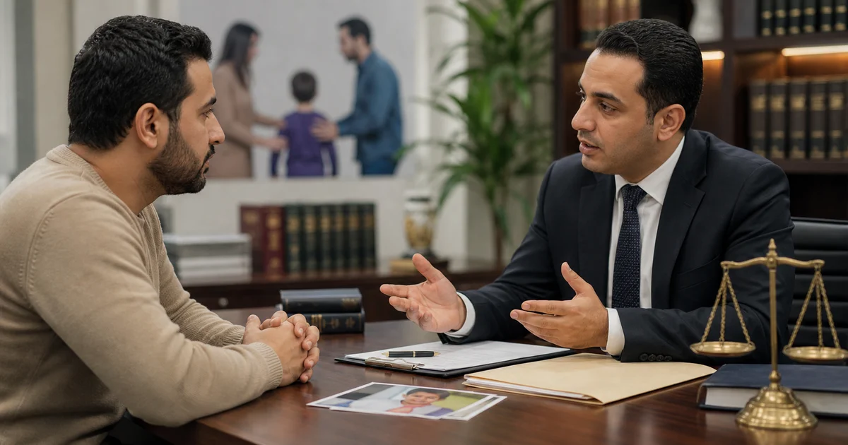 أب يجلس مع محامٍ أحوال شخصية لطلب المشورة القانونية بشأن نقل الصغير دون موافقة الأب وحقوق الرؤية والحضانة.