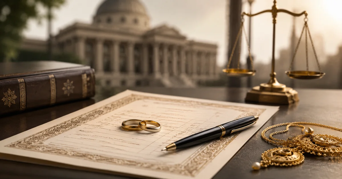 وثيقة زواج وخواتم ومصوغات ذهبية ترمز إلى النزاع حول مقدم الصداق في دعوى الخلع
