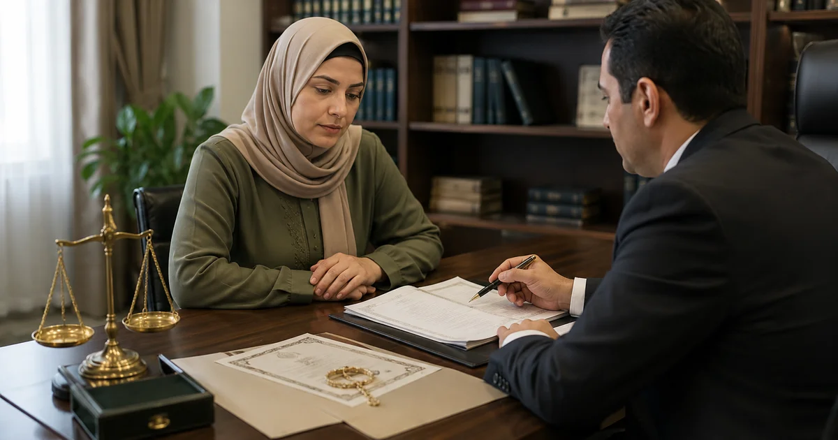 زوجة تراجع مع محامٍ وثيقة الزواج ومستندات مقدم الصداق قبل اتخاذ إجراء في دعوى الخلع