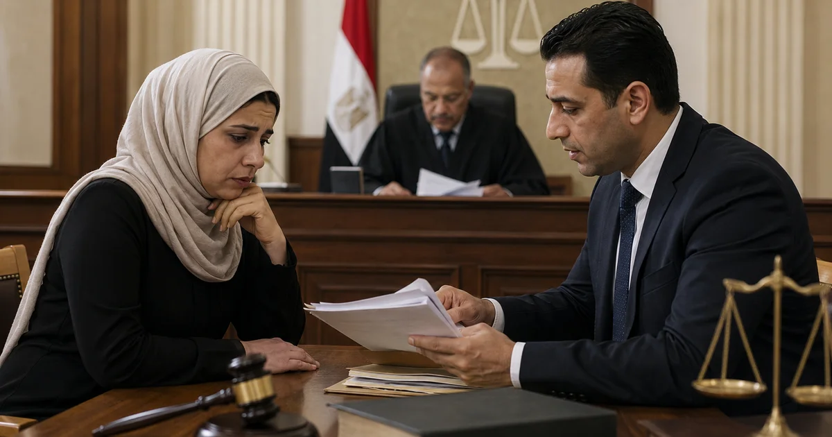 زوجة ومحامٍ يراجعان صحيفة الإعتراض على إنذار الطاعة أمام محكمة الأسرة.
