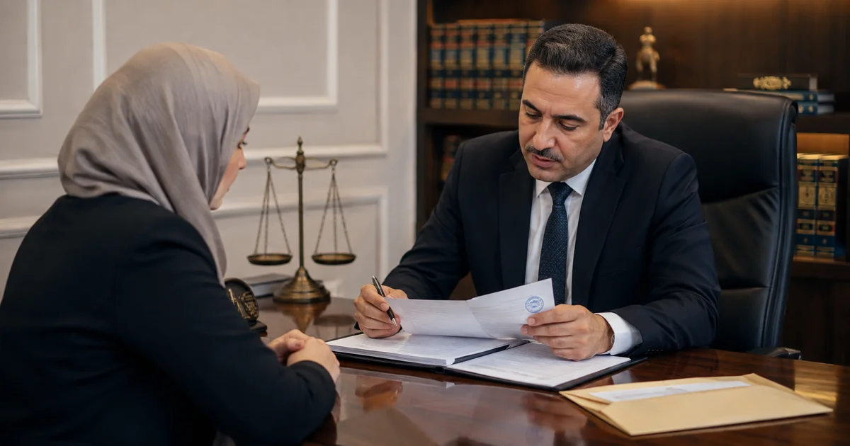محامٍ يراجع أوراق دعوى مع زوجة لمعرفة أسباب عدم قبول الإعتراض على إنذار الطاعة.