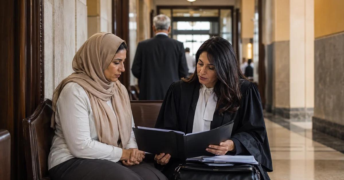 محامية تراجع ملف إثبات دخل الزوج مع الزوجة داخل محكمة الأسرة