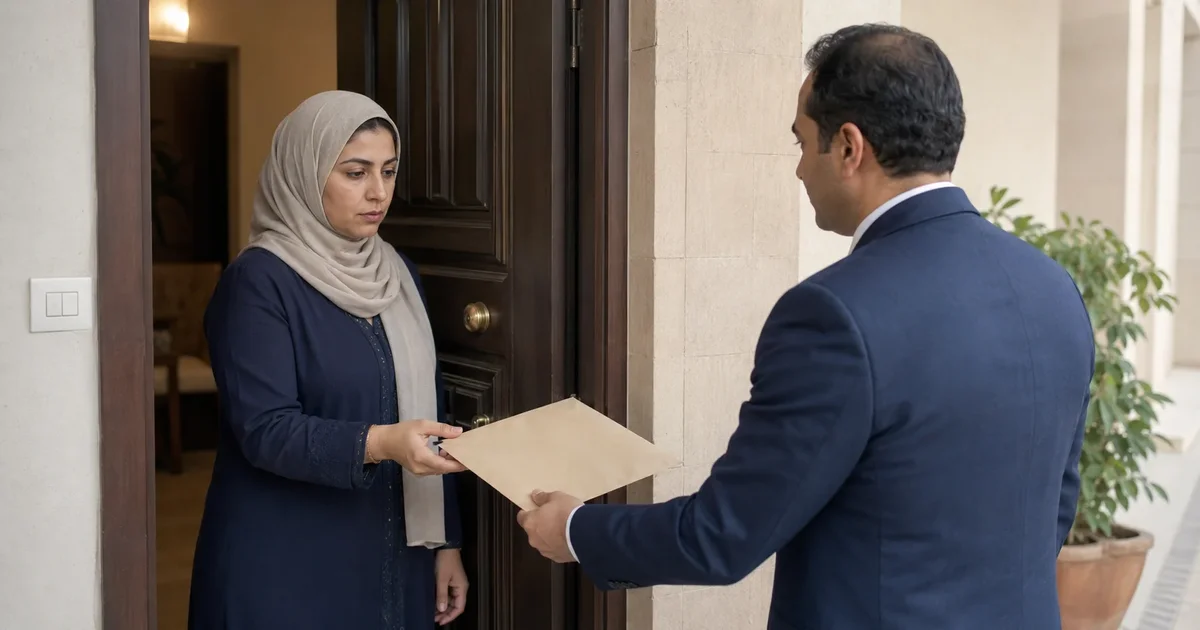 زوجة تتسلم مظروف إنذار الطاعة من محضر عند باب منزلها