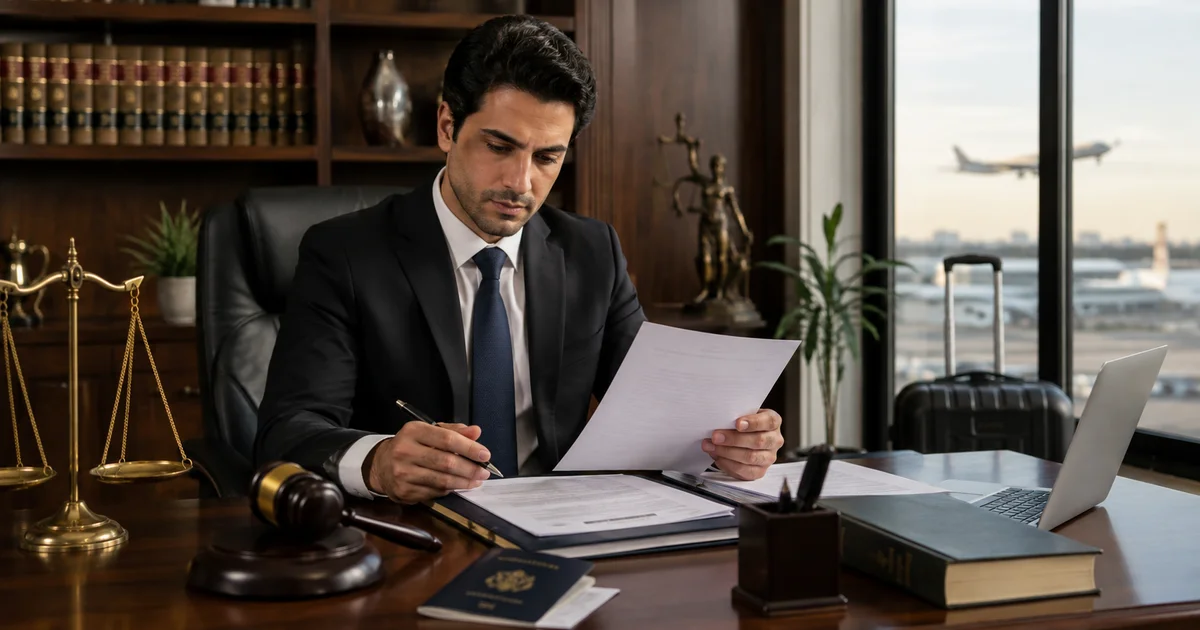 محامٍ يراجع أوراق إعلان زوج مسافر خارج البلاد في دعوى خلع داخل مكتب قانوني.