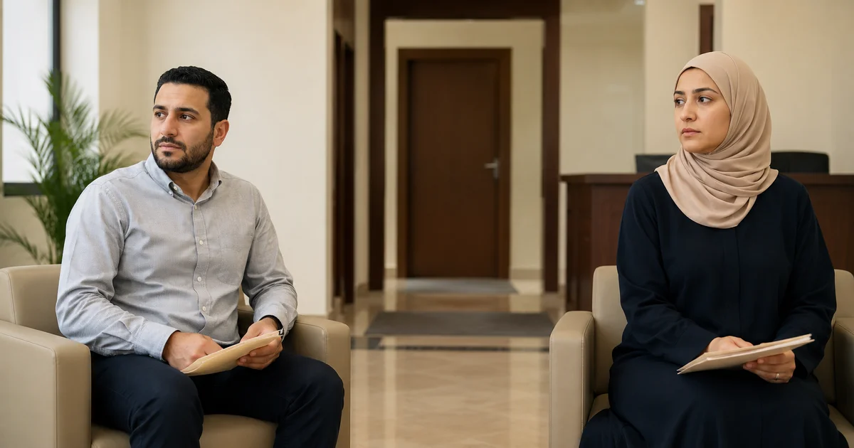 وجان ينتظران بدء إجراءات التسوية داخل مكتب تسوية المنازعات الأسرية