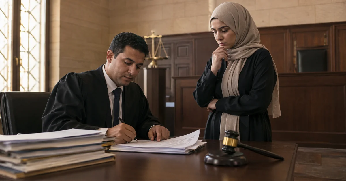 محامٍ يراجع مستندات انذار بالتنازل عن حقوق زوجية فى دعوى خلع وعرض مقدم الصداق