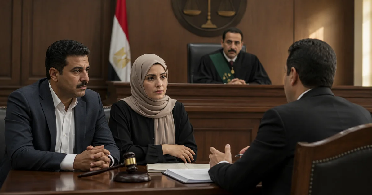 زوجان داخل محكمة الأسرة أثناء مناقشة نزاع إنذار الطاعة والتطليق للضرر.