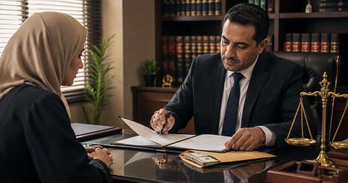 محامٍ يراجع مستندات رد مقدم الصداق في دعوى الخلع مع الزوجة داخل مكتب قانوني.