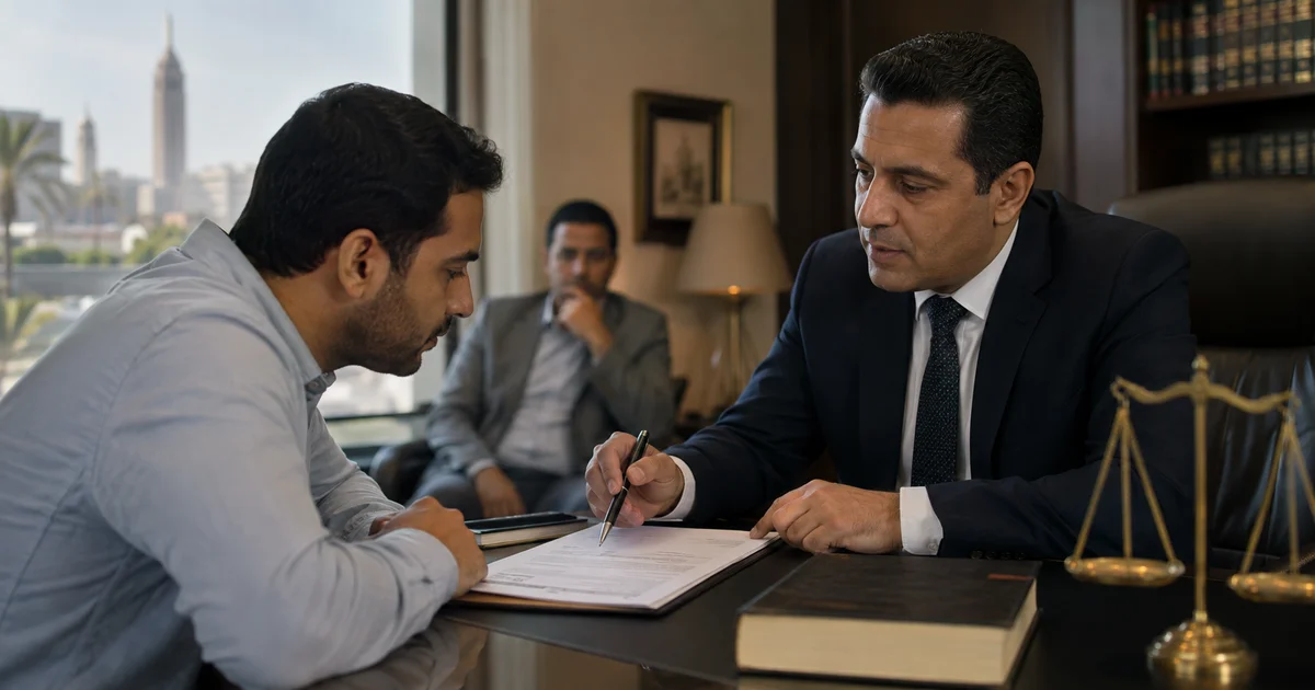 محامٍ يناقش مستندات قانونية مع أطراف نزاع بشأن عدم نفاذ التصرف في مواجهة الغير