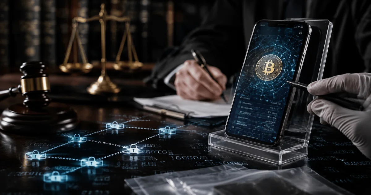 خبير فحص رقمي يحلل هاتفًا يحتوي على بيانات عملات رقمية ومحفظة إلكترونية