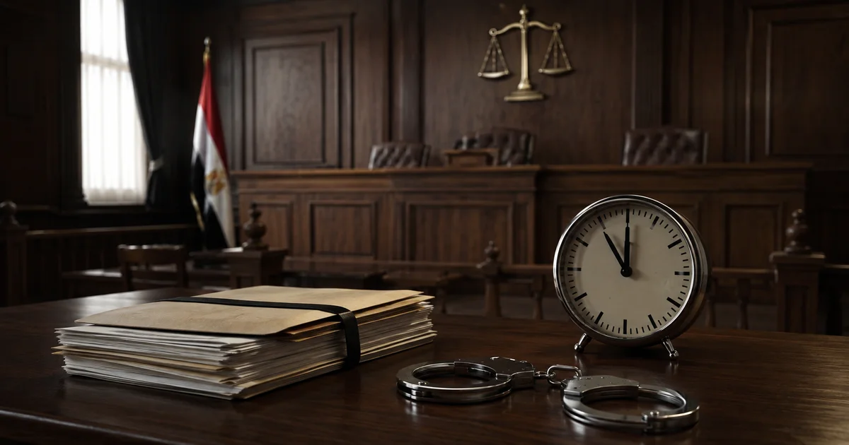 ساعة وملف قضية داخل محكمة يرمزان إلى ميعاد تجديد الحبس الاحتياطي