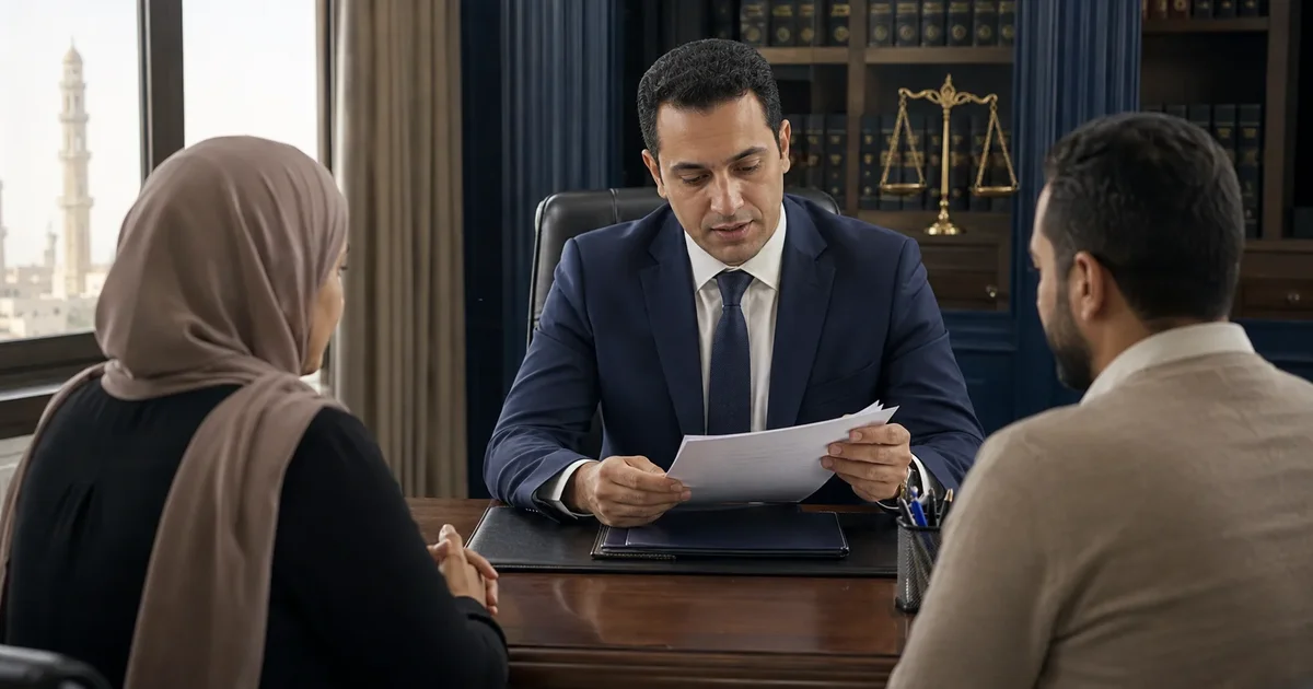 محامي يراجع مع زوجين أوراق إنذار الطاعة وبيانات مسكن الزوجية داخل مكتبه