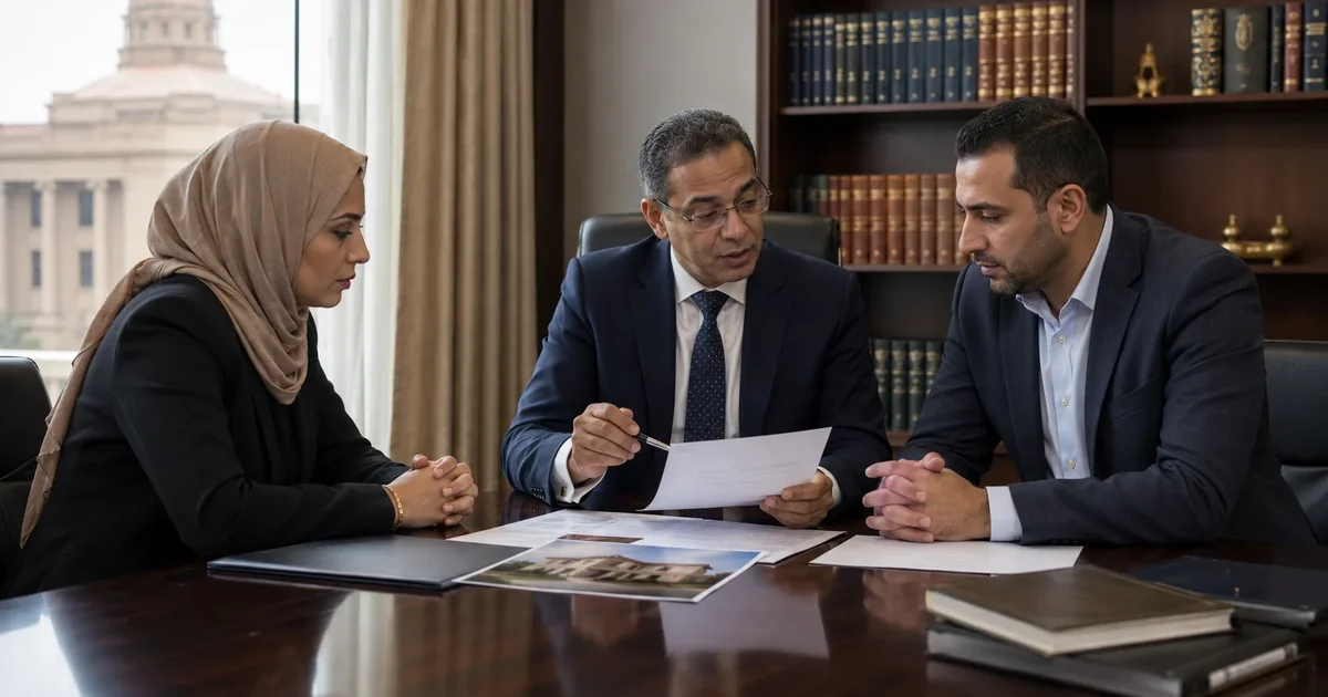 محامي أحوال شخصية يراجع إنذار الطاعة مع زوجين داخل مكتب قانوني في مصر