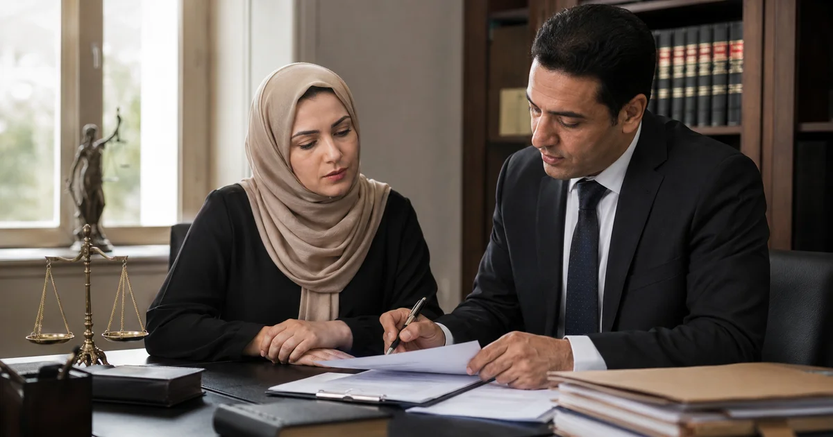 سيدة تراجع مستندات دعوى نفقة العدة مع محامٍ داخل مكتب قانوني