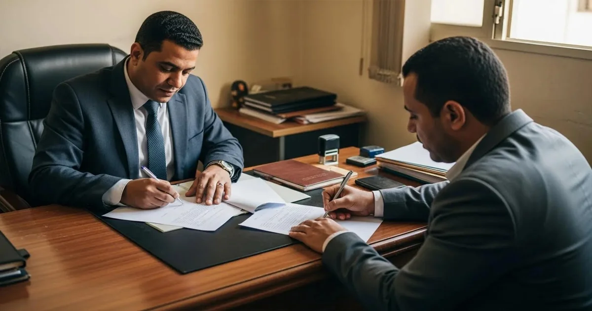 شخصان يوقعان مستندات عقد شركة داخل مكتب، بعد مراجعة بيانات الشركاء وبنود الاتفاق تمهيدًا لاعتماد النسخة النهائية.