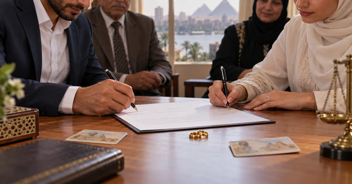 صيغة عقد زواج عرفي في مصر أثناء توقيع الزوجين على العقد بحضور الشهود.