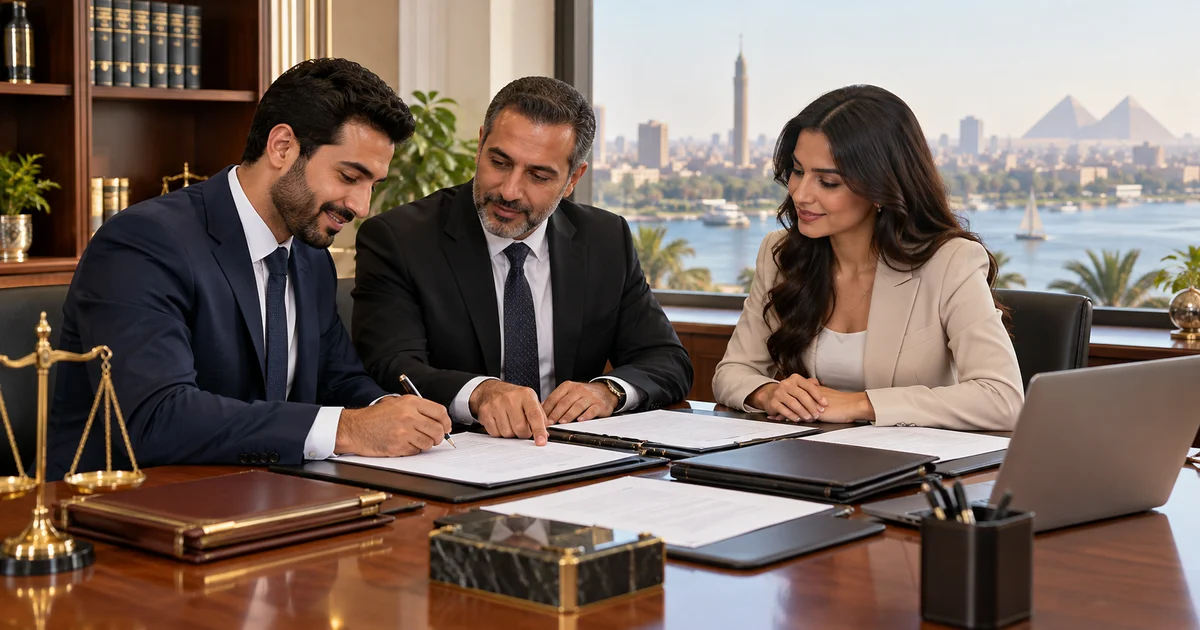 مراجعة وتوقيع نموذج عقد شركة توصية بسيطة Word بحضور الشركاء ومحامٍ داخل مكتب قانوني، مع تحديد بنود الاتفاق والحصص والإدارة وحق التوقيع.