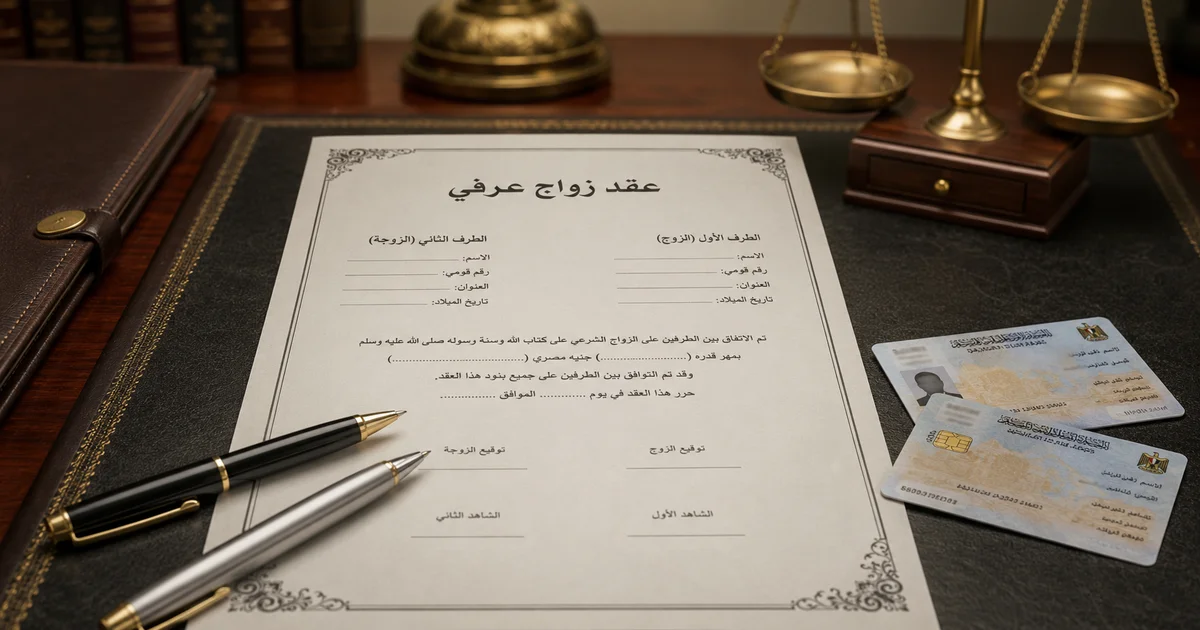 نموذج صيغة الزواج العرفي في مصر موضحًا به بيانات الزوجين والشهود ومكان التوقيعات.