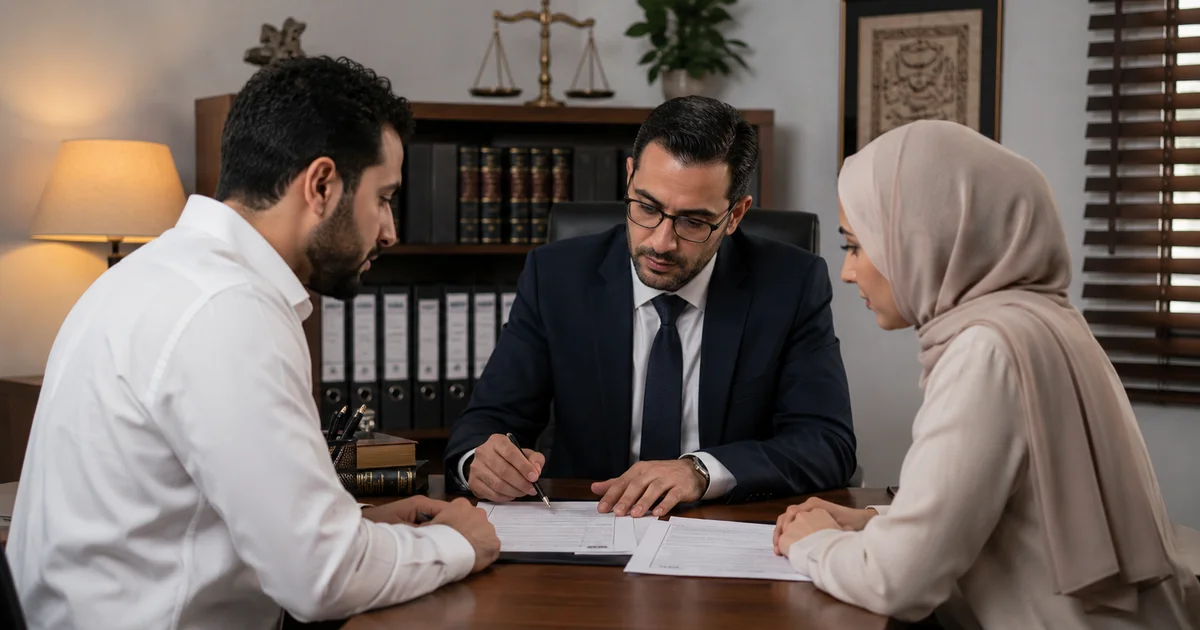 محامٍ يراجع صيغة عقد الزواج العرفي مع الزوجين قبل التوقيع لضمان وضوح البنود والبيانات.