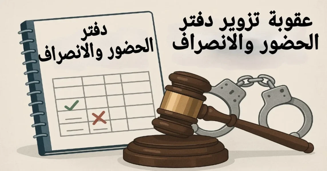 صورة بارزة لمقالة عقوبة تزوير دفتر الحضور والانصراف في مصر توضح دفتر حضور وانصراف مختوم مع قلم وتوقيع بما يعكس مسؤولية التلاعب في بيانات الحضور والانصراف وفق القانون المصري