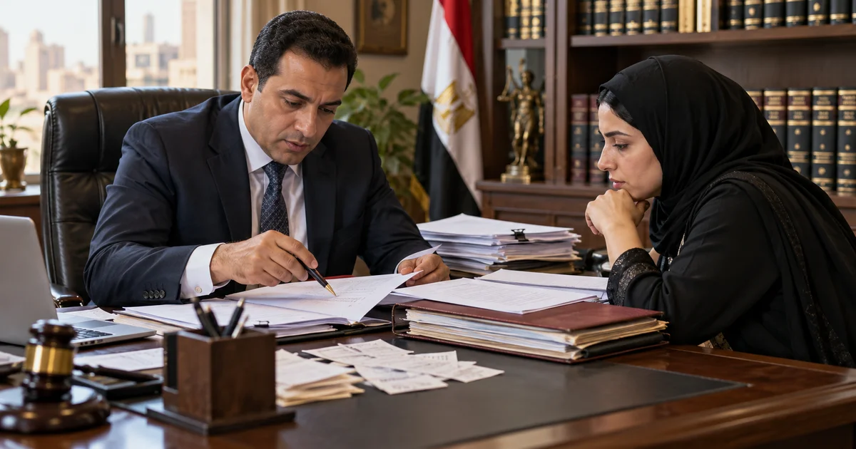 محامٍ يراجع ملف دعوى زيادة النفقة مع سيدة للتحقق من المستندات والأدلة والإجراءات القانونية.
