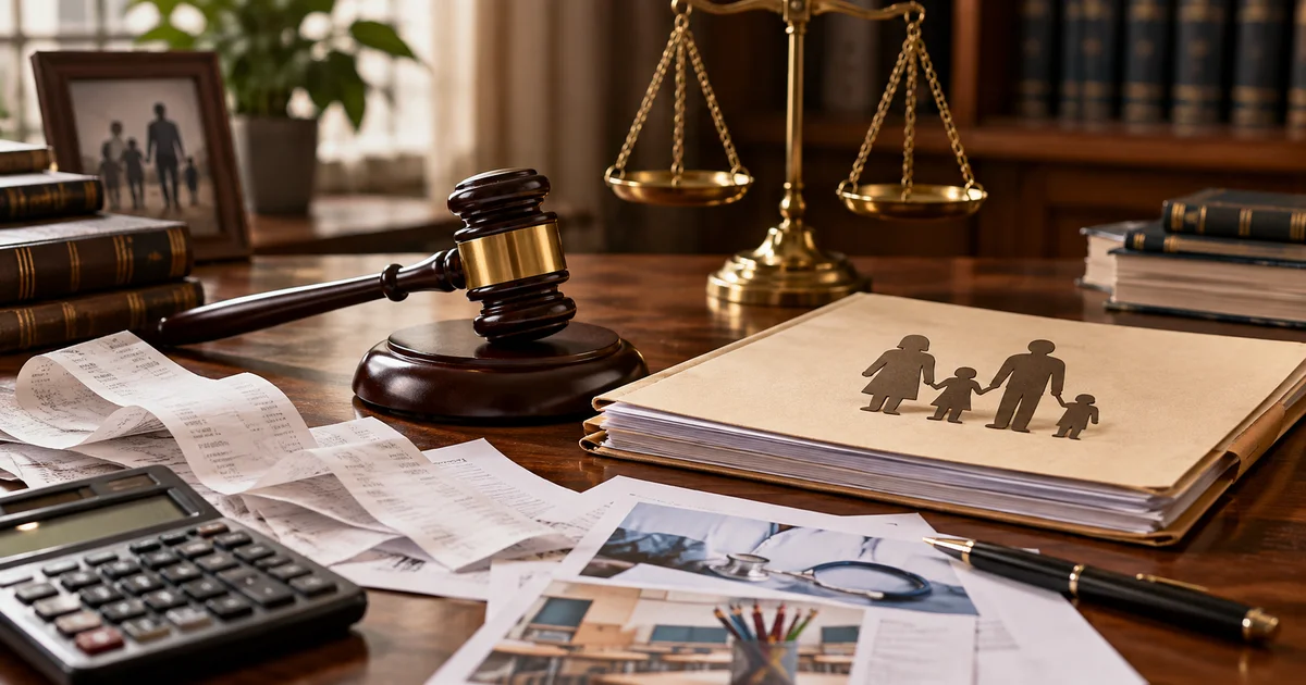 ميزان العدالة وملف قضية أسرة وفواتير تعليم وعلاج توضح أهمية المستندات في دعوى زيادة النفقة.