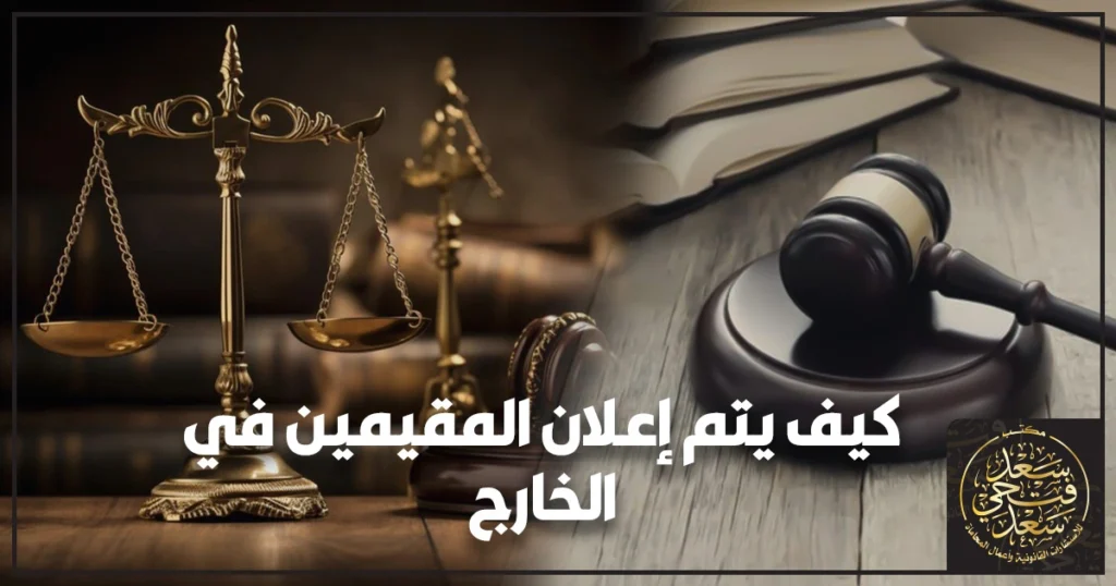 صورة تعبيرية لإعلان المقيمين في الخارج مع مستندات رسمية وختم وجواز سفر توضح إجراءات الإعلان القضائي خارج مصر