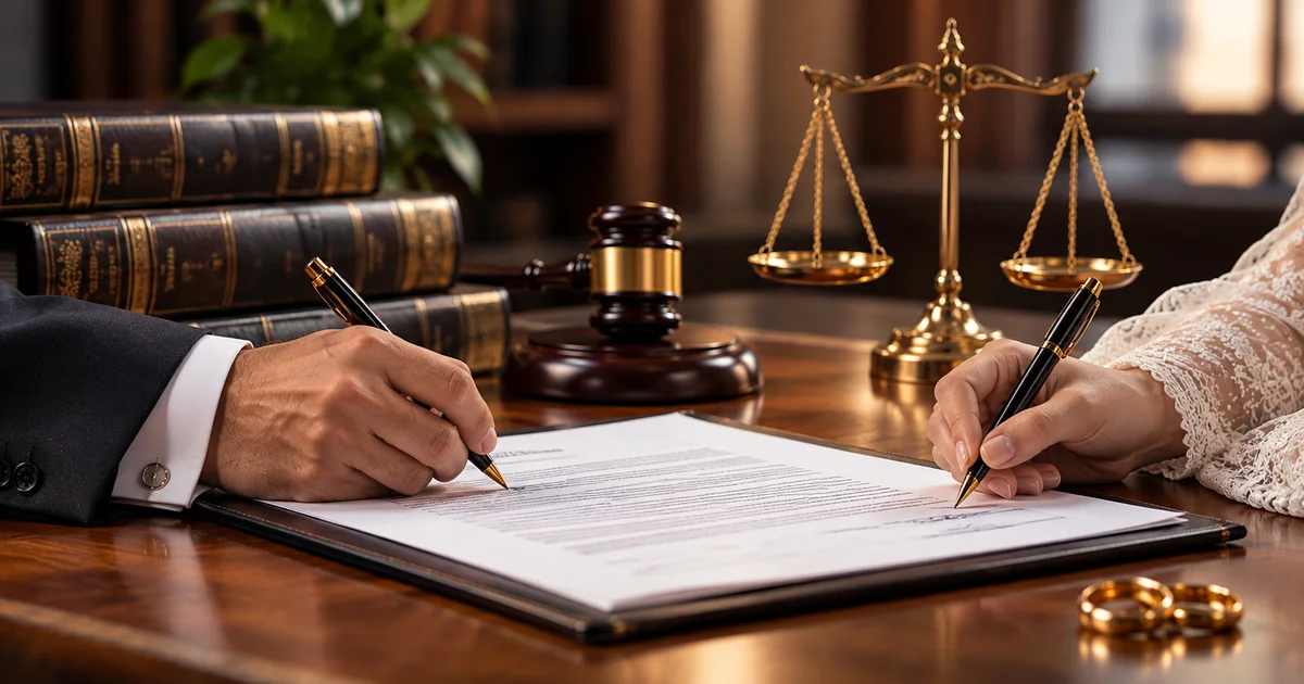 صورة عقد زواج عرفي أثناء توقيع الزوجين على الورقة بجوار ميزان العدالة والمطرقة القانونية، مع ظهور خاتمي الزواج.