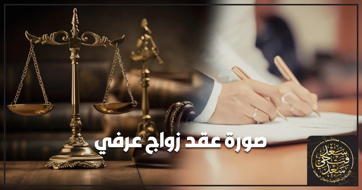 صورة عقد زواج عرفي بجوار ميزان العدالة وتوقيع الزوجين على العقد داخل مكتب محاماة
