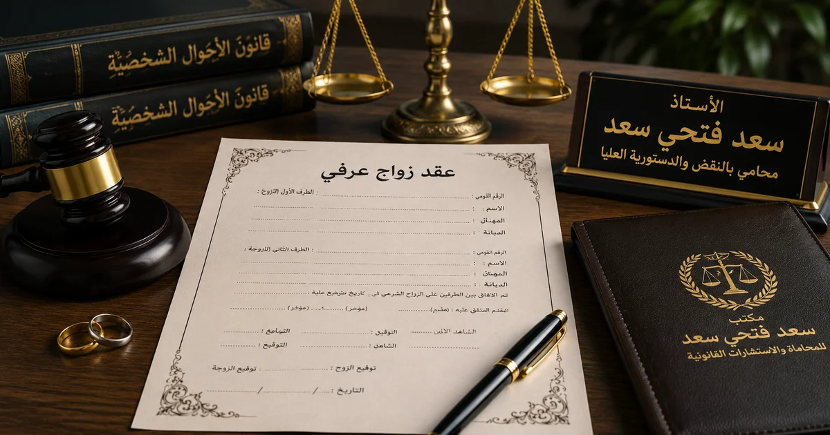 صورة عقد زواج عرفي على مكتب محاماة بجوار ميزان العدالة والمطرقة القانونية وكتب الأحوال الشخصية الخاصة بالأستاذ سعد فتحي سعد