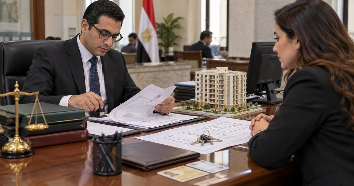 مراجعة أوراق تسجيل شقة بالشهر العقاري بين موظف مختص وصاحبة الشقة مع نموذج عقار ومستندات الملكية.