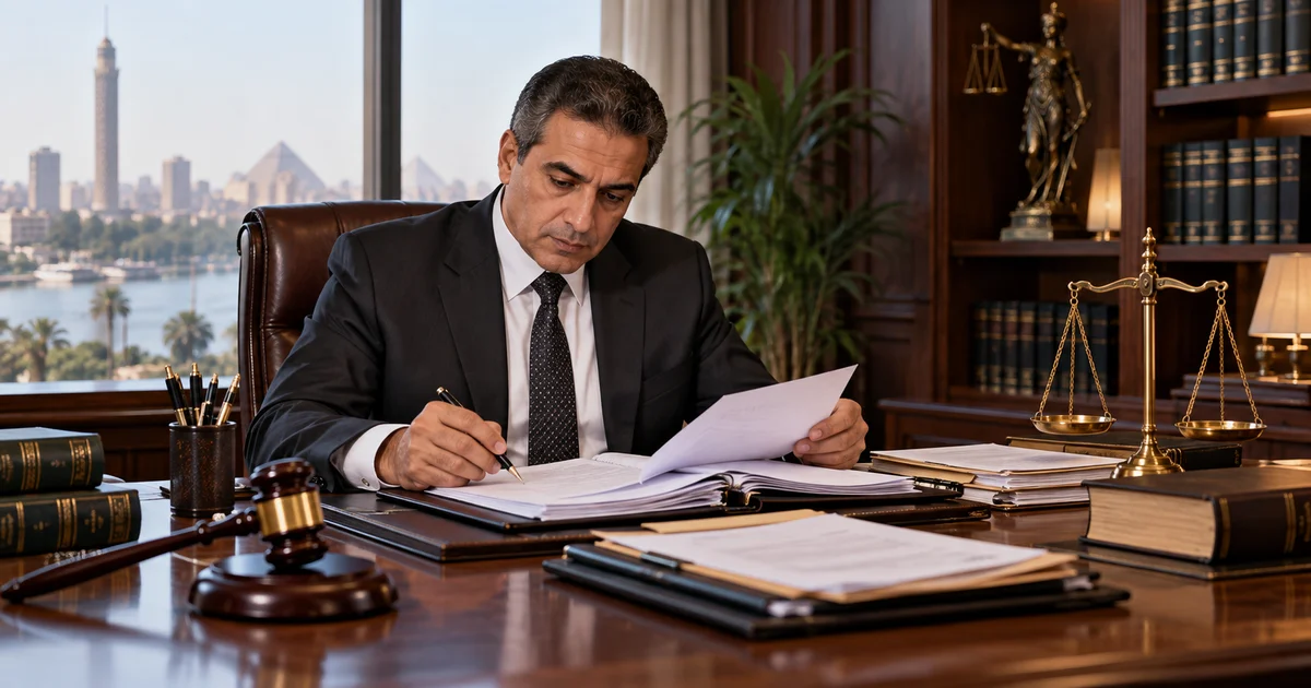محامي جنايات في مصر يراجع أوراق قضية جنائية والمستندات القانونية داخل مكتبه لإعداد الدفوع وخطة الدفاع.