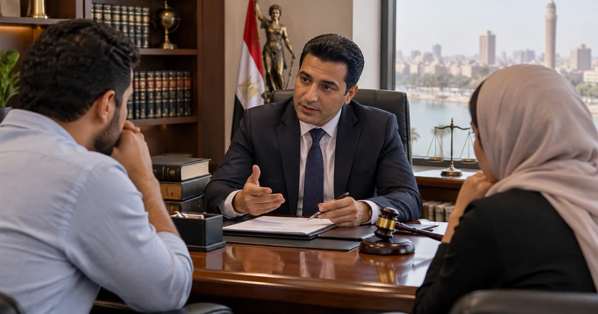 محامي أسرة يناقش مع زوجين المستندات والخيارات القانونية المتعلقة بالنزاع الأسري.