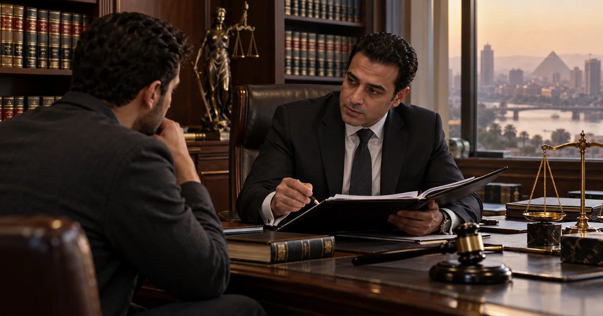 محامي جنايات يناقش تفاصيل قضية جنائية مع موكله داخل مكتب المحاماة ويراجع المستندات لتحديد الإجراءات القانونية المناسبة.