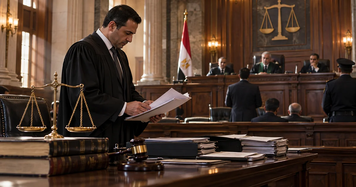 محامي جنايات يراجع أوراق القضية داخل قاعة المحكمة استعدادًا للمرافعة وتقديم الدفوع أمام هيئة المحكمة.