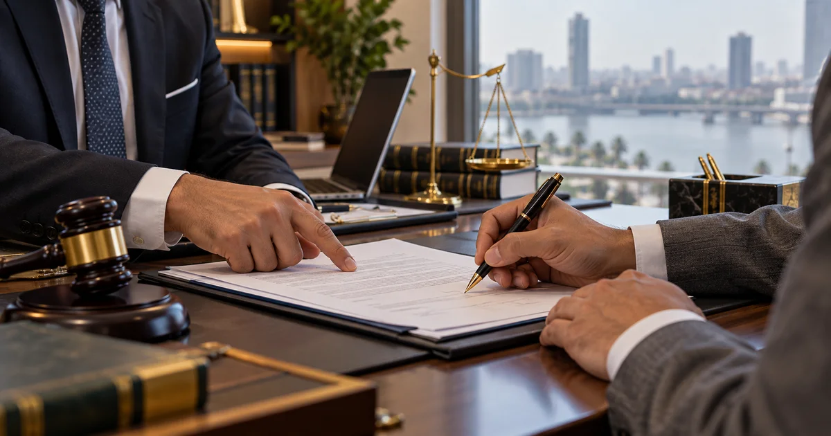 توقيع عقد تأسيس شركة في مصر بحضور محامٍ لمراجعة البنود والمستندات القانونية.