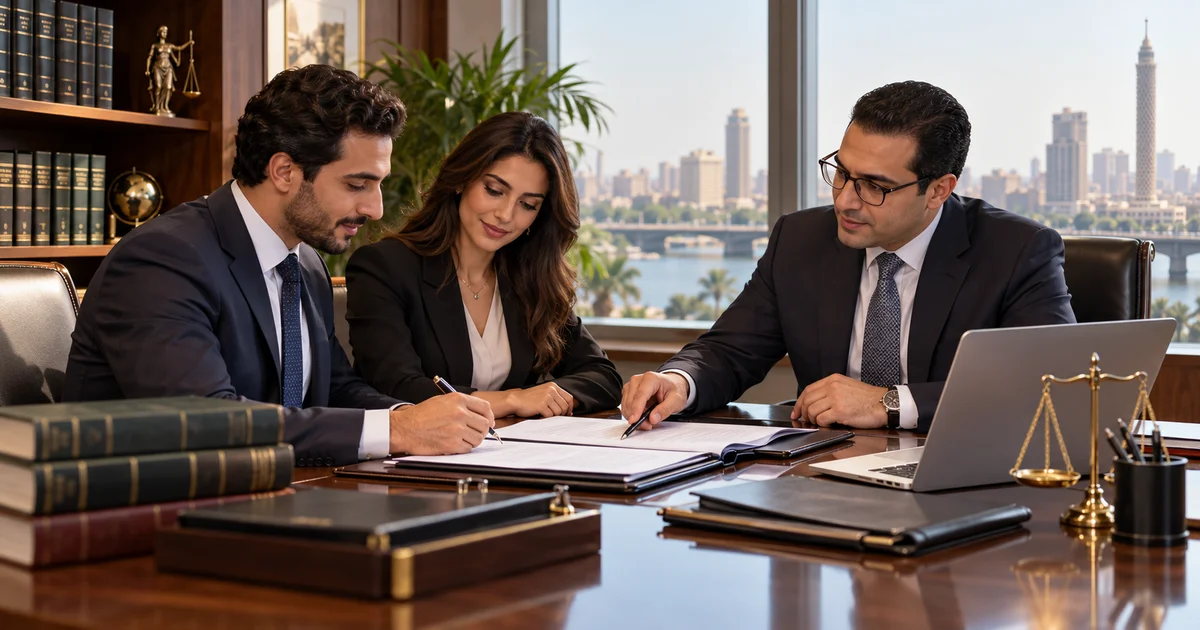 محامٍ يراجع مستندات تأسيس شركة في مصر مع الشركاء داخل مكتب محاماة.