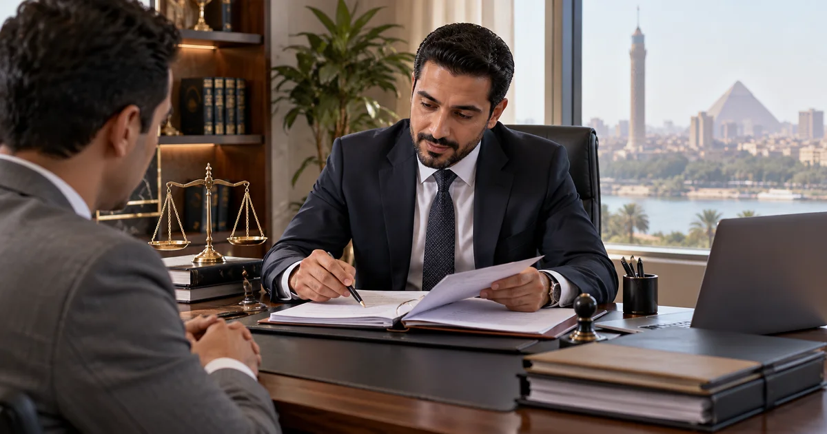 محامي يراجع مستندات تأسيس شركة مع العميل داخل مكتب تأسيس شركات في مصر.