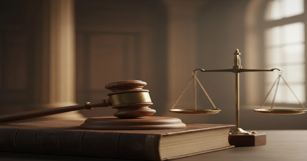 ميزان العدالة وشاكوش القاضي يرمزان إلى الفصل القضائي في قضايا الجنايات والسلاح داخل المحاكم المصرية وأهمية الدفاع القانوني المنظم أمام القضاء