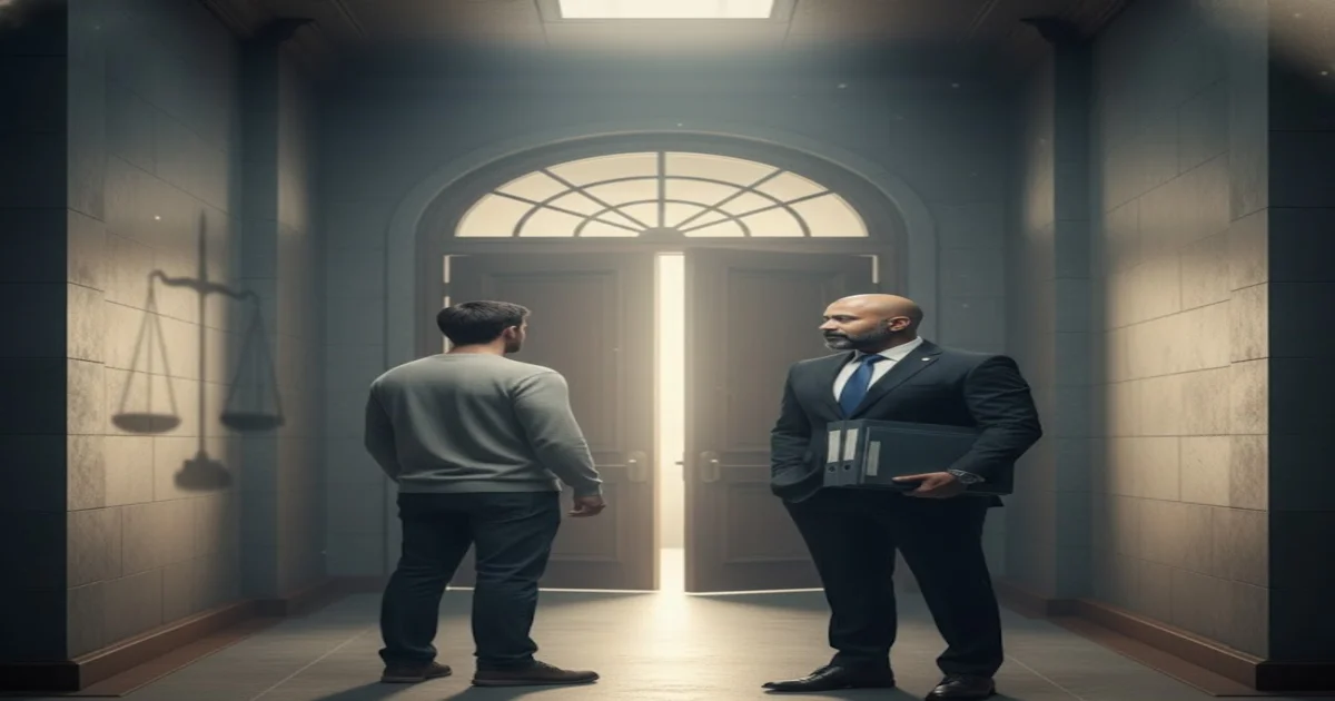 شخص وميزان عدالة يعبّران عن محاكمة المدنيين أمام القضاء العسكري في مصر وحدود الاختصاص وحقوق المتهم القانونية.