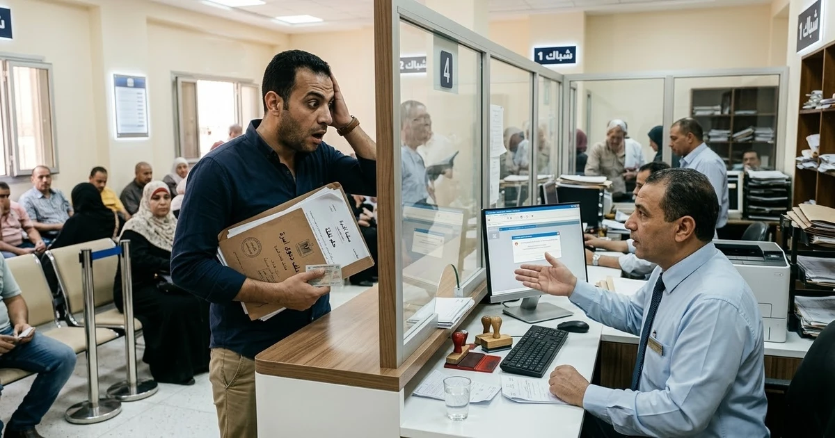 رجل مصري يقف أمام شباك خدمة حكومية ويبدو عليه الارتباك بعد تعذر إتمام معاملته بينما يراجع الموظف البيانات على الكمبيوتر داخل جهة حكومية مزدحمة في مصر