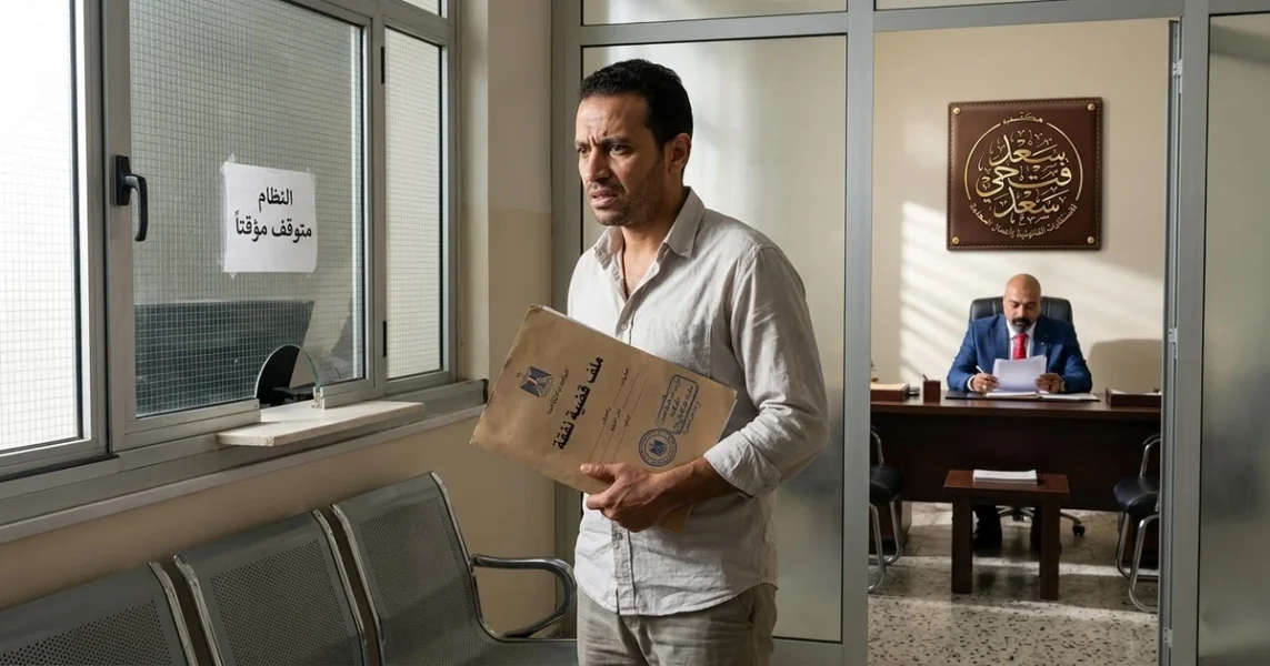 رجل يحمل أوراق حكم نفقة داخل جهة حكومية مصرية مع أجواء قانونية تعبر عن وقف الخدمات بسبب النفقة في مصر